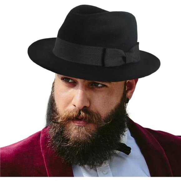 Men's Wool Fedora Hats Women Felt Bowler Derby Hat with Feather